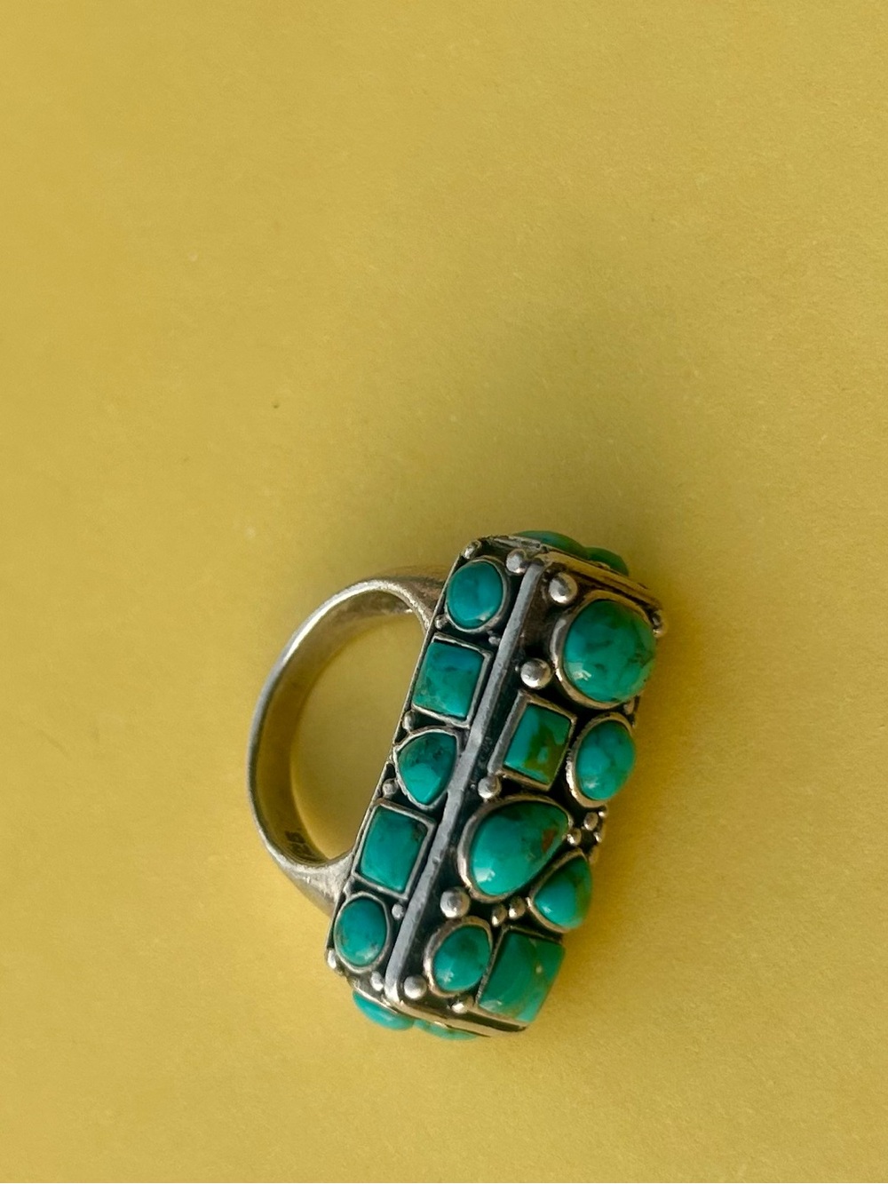 WOW! Wide Rectangle Sterling Silver Turquoise Cluster Bar Ring Size 7.5 Vintage - Picture 4 of 10